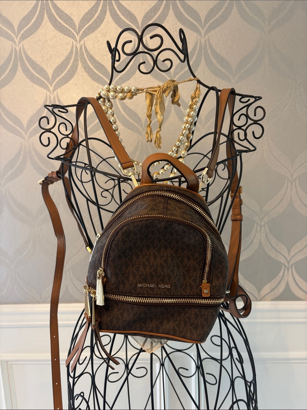 Michael Kors Brown Signature MK Mini Backpack with Gold Hardware